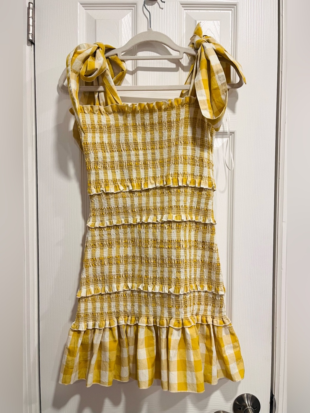 Mable Allison Smocked Yellow Gingham Tie-Shoulder Mini Dress Size Large - Picture 2 of 5
